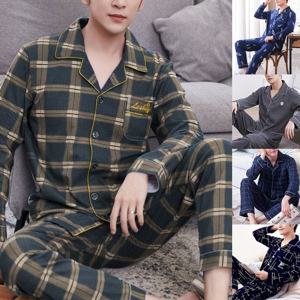 

men s pajama sets spring summer man pajamas set simple sleepwear long sleeve cotton for men pant leisure outwear 220718, Black;brown