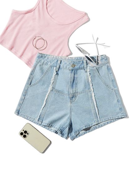 

1pc raw trim washed denim shorts e4vi#, White;black
