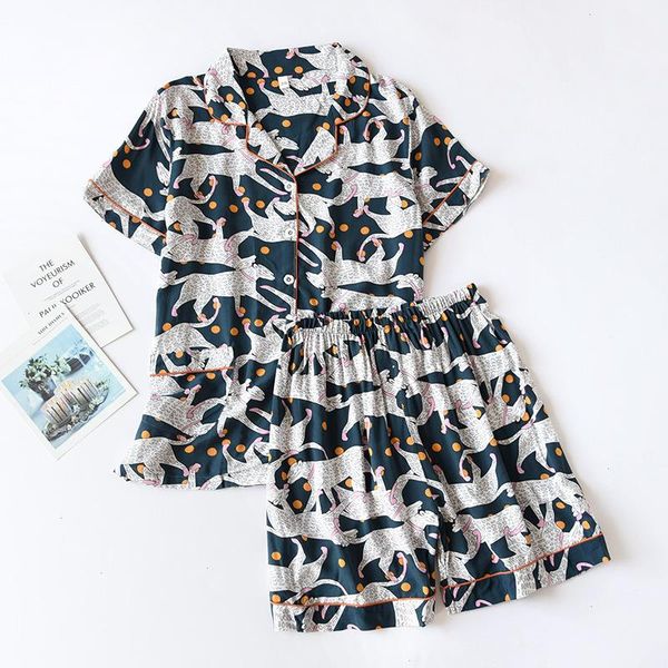 

lapel short sleeved sleepwears shorts pajama set womens summer thin cool cotton can be worn outside home clothes, Black;red