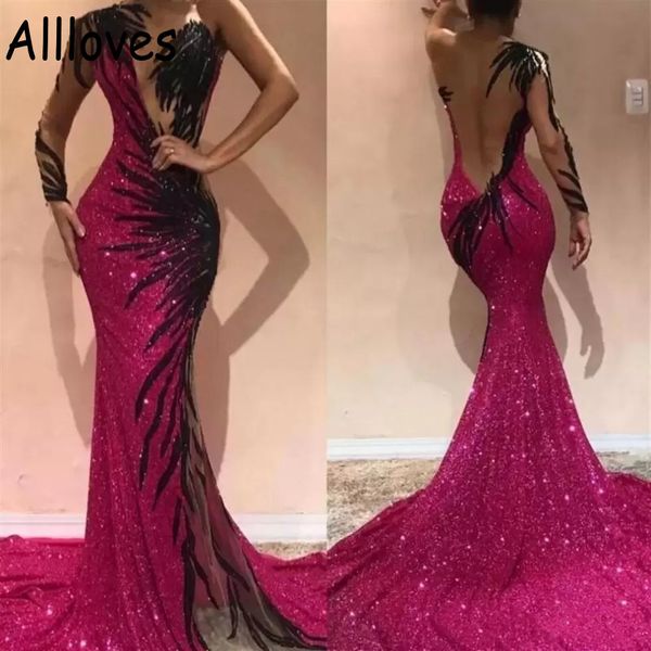 

fuchsia shiny sequined prom dresses one shoulder illusion long sleeve mermaid evening party gowns sweep train lace appliqued arabic aso ebi, Black