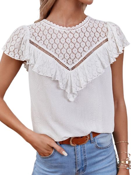

guipure lace insert ruffle trim blouse o5g7#, White