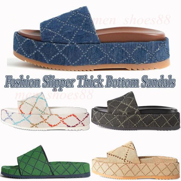 

womens fashion embroidered canvas designer slides slip on slippers girls canvas covered platform sandals with box size 35-45, Black