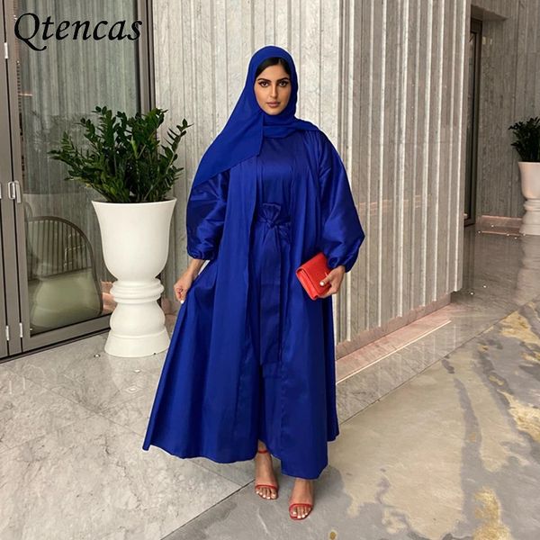 

ramadan open abaya satin muslim dress 2 pieces set eid mubarak abayas for women dubai turkish dresses islam moroccan kaftan robe, Red
