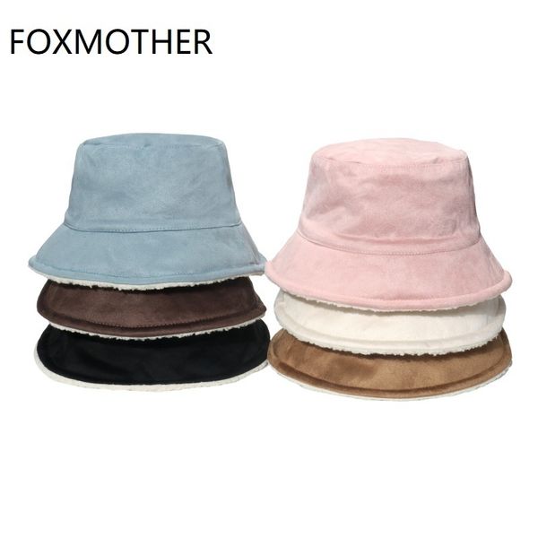 

foxmother black solid color fishing caps panama suede faux fur thick warm plush fleece winter bucket hat women ladies 220325, Blue;gray