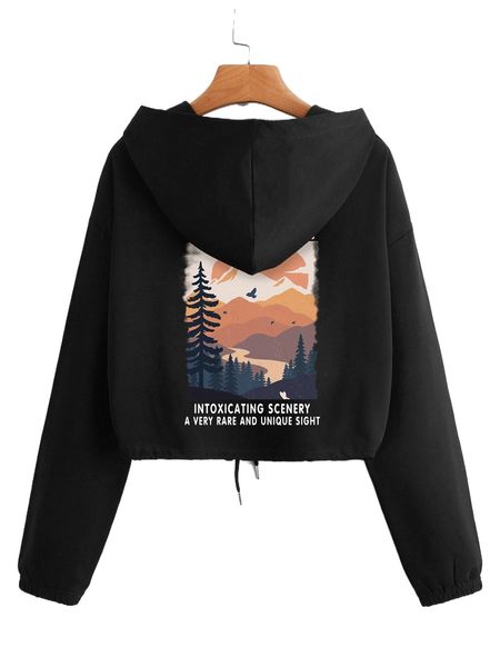 

tree & slogan graphic drawstring hem hoodie f52v#, Black