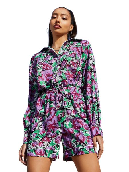 

random floral print contrast piping drop shoulder blouse j1mh#, White