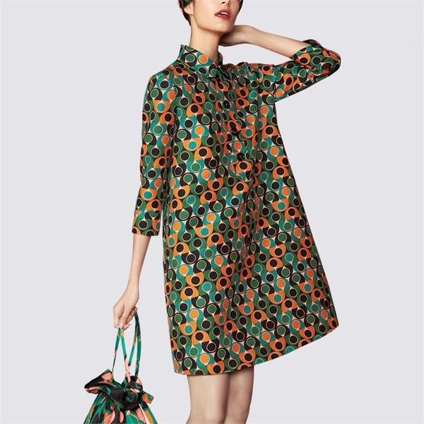 

summer women elegant turn down collar casual loose three quarter sleeve female dot print office dresses vestidos 220425, Black;gray