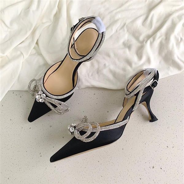 

mach satin bow high heels crystal rhinestone evening dres 65mm high heel sandals women's slippers luxury designer ankle dress282h, Black
