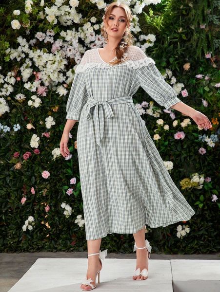 

plus plaid print lace detail belted dress u6oy#, Black