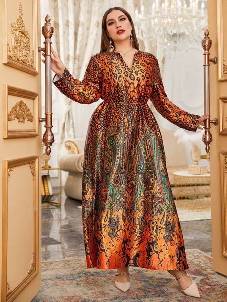 

plus random leopard & paisley print belted satin dress 14qw#, Black