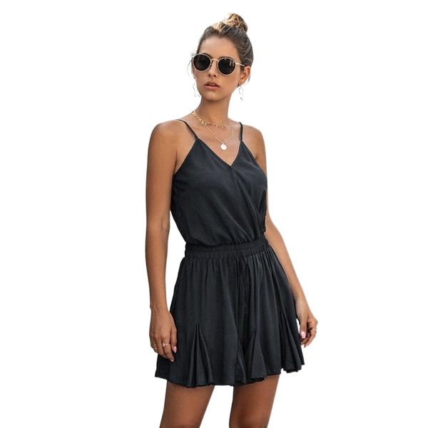 

women's jumpsuits & rompers summer 2021 fashion jumpsuit suspender v-neck elastic waist solid color a-swing pants bodysuit n2bb#, Black;white