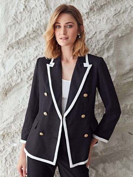 

motf premium contrast binding double breasted blazer n5el#, White