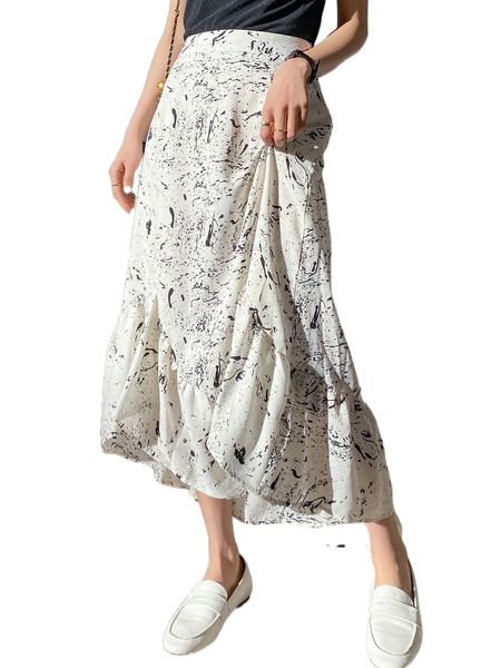 

dazy high waist allover print ruffle hem skirt a1os#, Black