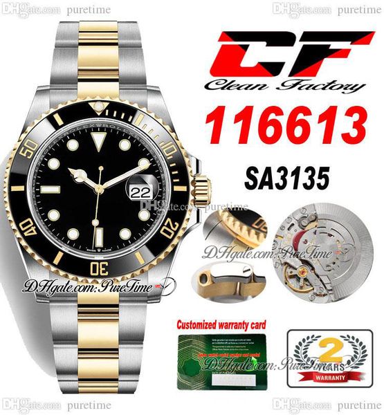 Clean Factory Cf 116613 SA3135 Homens automáticos assistem dois tons Amarelo Gold Ceramic Belicel Black Dial Stick 904L Oystersteel Bracelet Super Edition Relógios PureTime A1