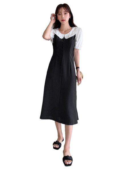 

dazy contrast collar puff sleeve dress m9gn#, Black;gray