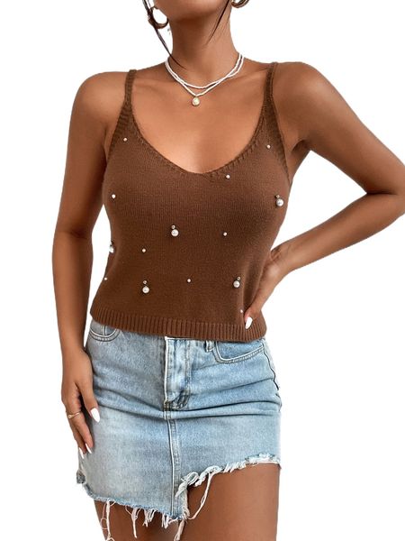 

pearls beaded cami knit t3gs#, White;black