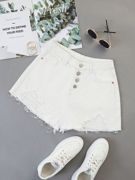 

ripped raw hem button fly denim shorts r70k#, White;black