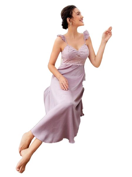 

contrast lace ruffle trim slip nightdress 54hn#, Black;red