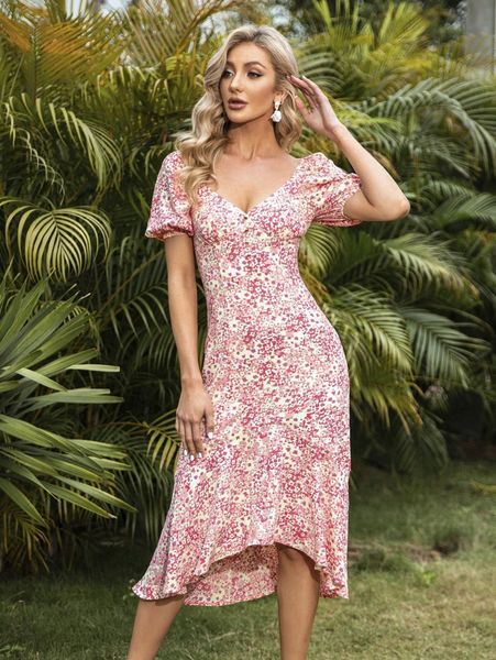 

double crazy ditsy floral print puff sleeve ruffle high low hem chiffon dress 84q8#, Black;gray