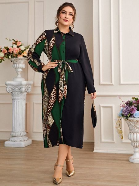 

plus leopard and paisley print belted shirt dress a1zb#, Black