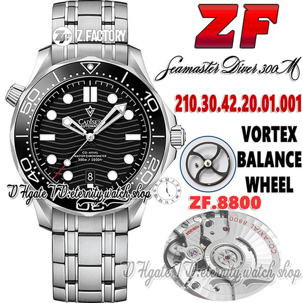 ZF Diver 300m ZF210.30.42.20.01.001 Relógio masculino 8800 Moldura de cerâmica automática Textura de onda preta Marcadores redondos de bracelete inoxidável Eternity relógios eternidade