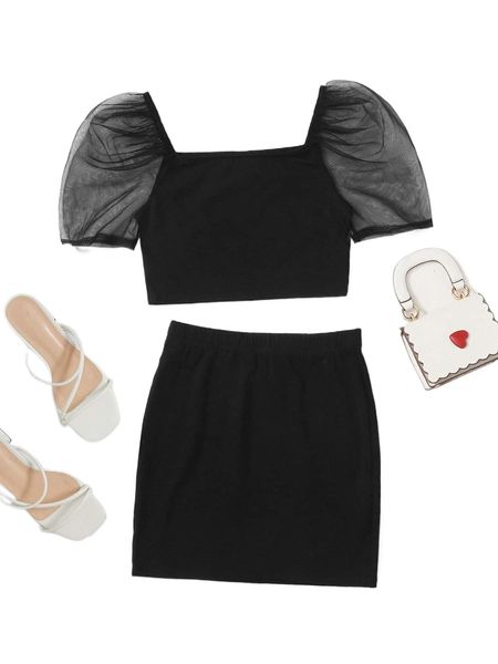 

plus puff sleeve crop mesh & bodycon skirt 144e#, Black