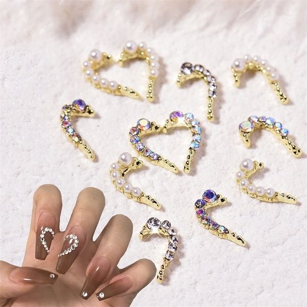 

10pcs zircon half heart nail art charms pearldiamond decorations ornate metal alloy 3d manicure s accessories 7x12mm 220708, Silver;gold