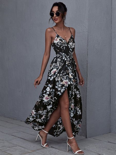 

wrap belted floral print cami dress s6u2#, Black;gray