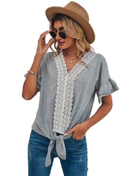 

guipure lace insert ruffle cuff knot hem tee g6ol#, White