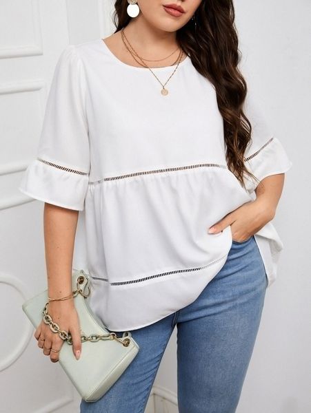 

plus hollow out flounce sleeve blouse c0jt#, Black