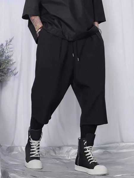

men drawstring waist capris pants i1ol#, Black