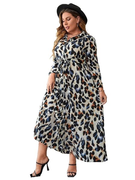 

plus allover print belted shirt dress c64o#, Black