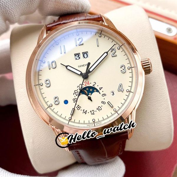 

new 5396r-012 grand complications calendar automatic mens watch rose gold case white dial moon phase watches brown leather hwpp he164b, Slivery;brown