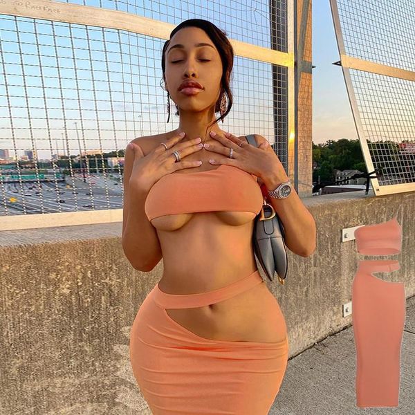 

women's tracksuits women 2-piece set unique one shoulder short crop and hollow out long skirt skinny party club elastic outfits q68, Gray