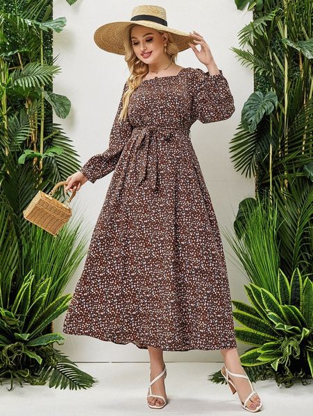 

plus ditsy floral square neck lantern sleeve belted dress x6da#, Black