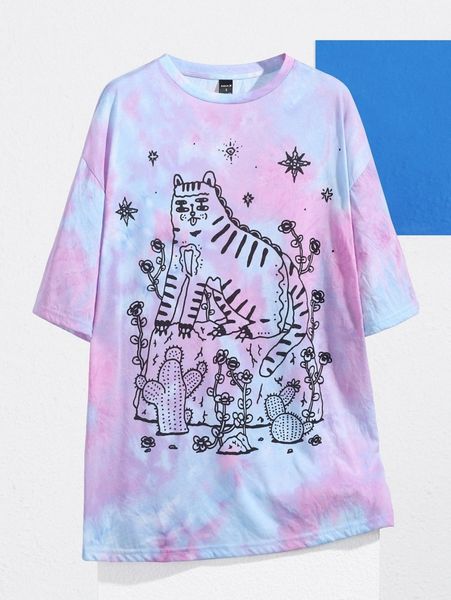 

x nan zhu tie dye & cartoon graphic drop shoulder tee s67i#, White