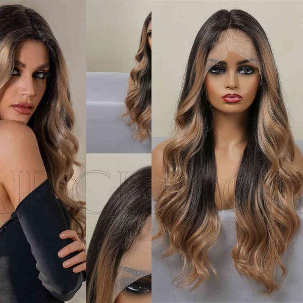 

wigs women synthetic wigs new 2022 wind front lace 13x4 dyed gold middle part women's fashion temperament wigs 220601, Black