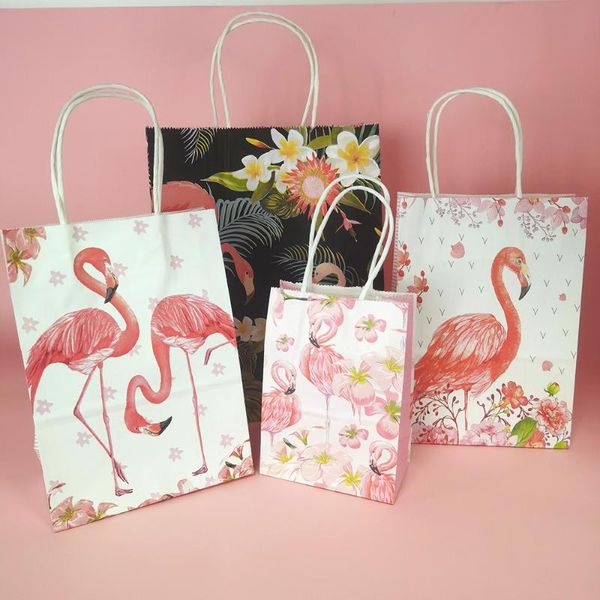 Envoltório de presente 6/12 pcs sacos de papel sacos de embalagem doce com guloseimas de loja de alça para boutique rosa flamingo tote suprimentos