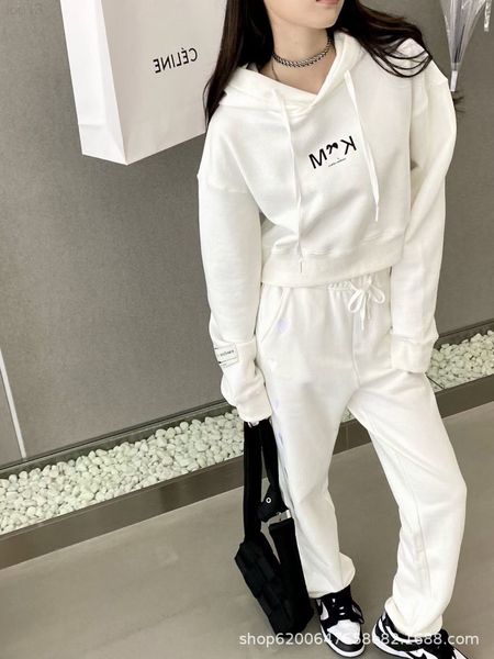

two piece dress designertwo designer 2021 autumn new clean white hooded short sweater + love embroidered radish pants leisure sports two-pie