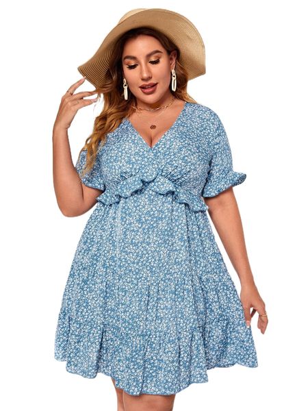 

plus ditsy floral print tie back ruffle trim dress n1lf#, Black