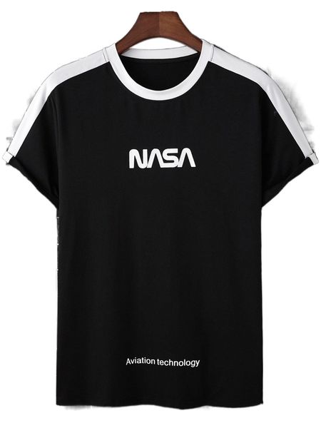 

men slogan graphic contrast side seam tee c0dv#, White;black