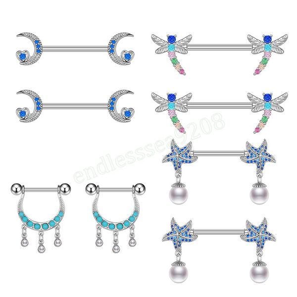 

cute crystal nipple piercings barbell red blue color star moon nipple shield bar women stainless nipple rings, Silver