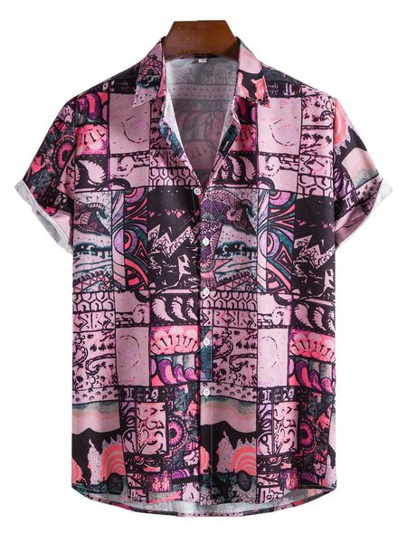 

men patchwork print button front shirt 49cp#, White;black