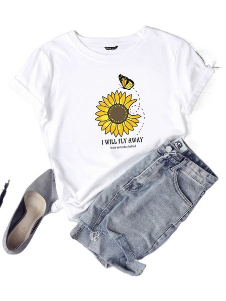 

floral and slogan graphic tee d4qr#, White