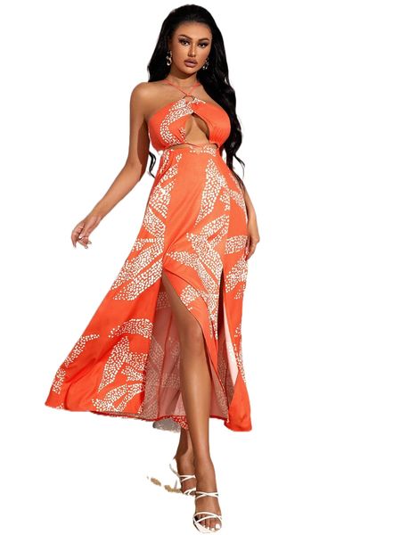 

sxy polka dot cut out tie back halter neck slit thigh dress 27nj#, Black;gray