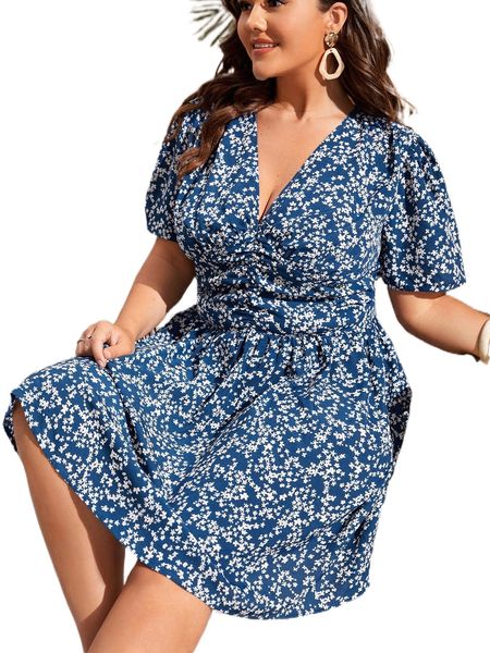 

plus ditsy floral shirred ruched dress 20qm#, Black