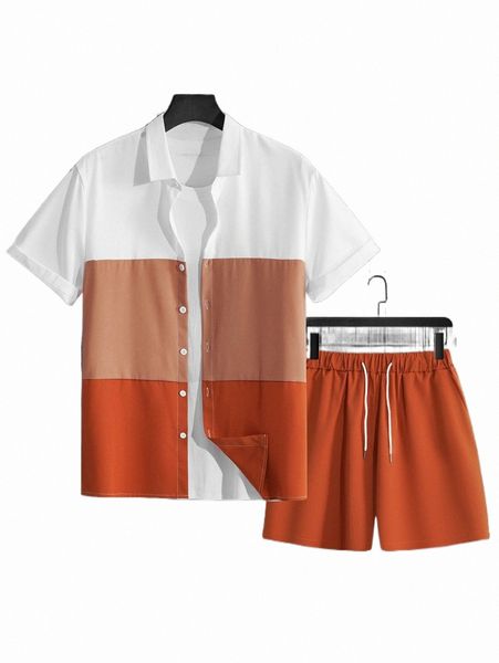 

men color block shirt & drawstring waist shorts without tee a7xf#, Gray