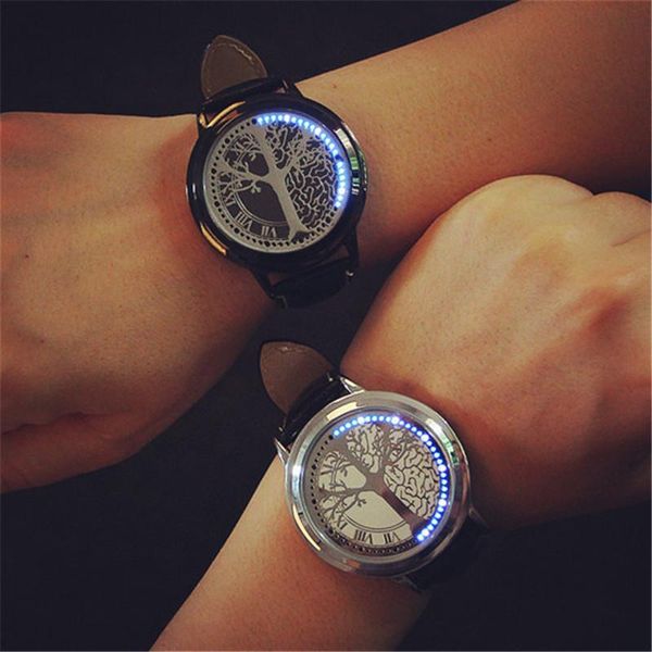 Нарученные часы мода мужчинам смотрит на светодиодный сенсорный экран, смотрит уникальный уникальный рисунок дерева, крутой простые черные циферблаты 60 синие светильники Электронный Watchwatch