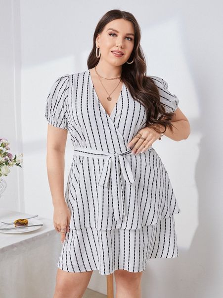 

plus striped print layered hem belted dress q34k#, Black