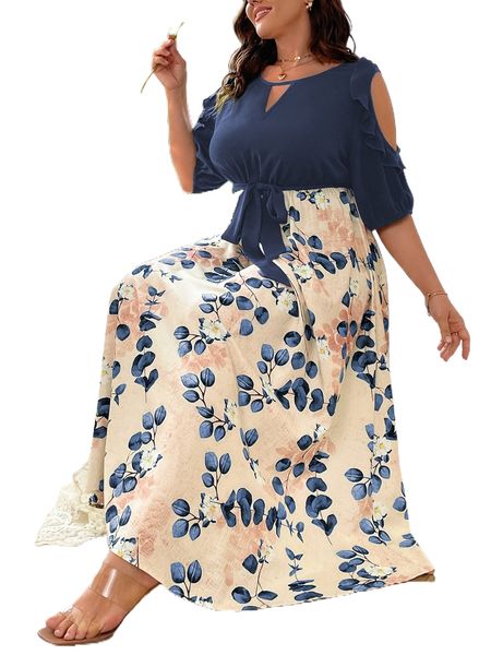 

plus floral print cut out cold shoulder ruffle trim belted dress s1yy#, Black